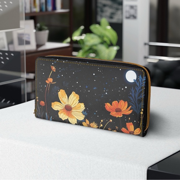 Midnight Flowers Zipper Wallet | Full Moon Nighttime Spring Flowers | Premium - Picture 2 of 6